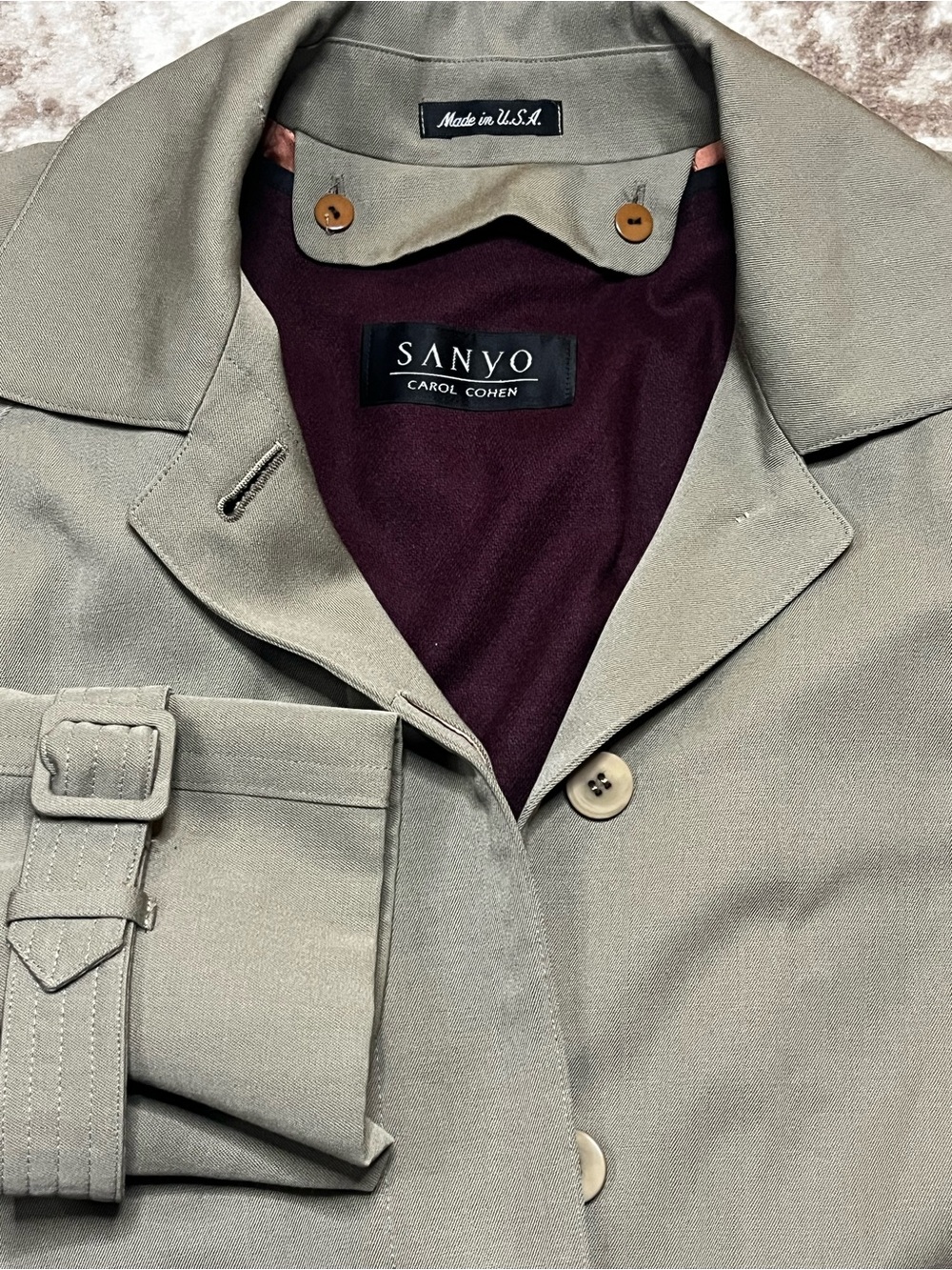 Vintage Sanyo Carol Cohen Womens Trench Coat Olive Green Wool Lining USA Flaw
